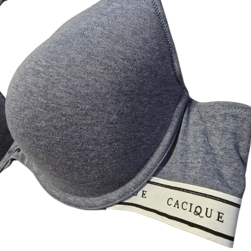 Cacique T-Shirt Bra Womens 46B Gray Boost Plunge Underwire Logo Spellout Classic - Picture 3 of 7